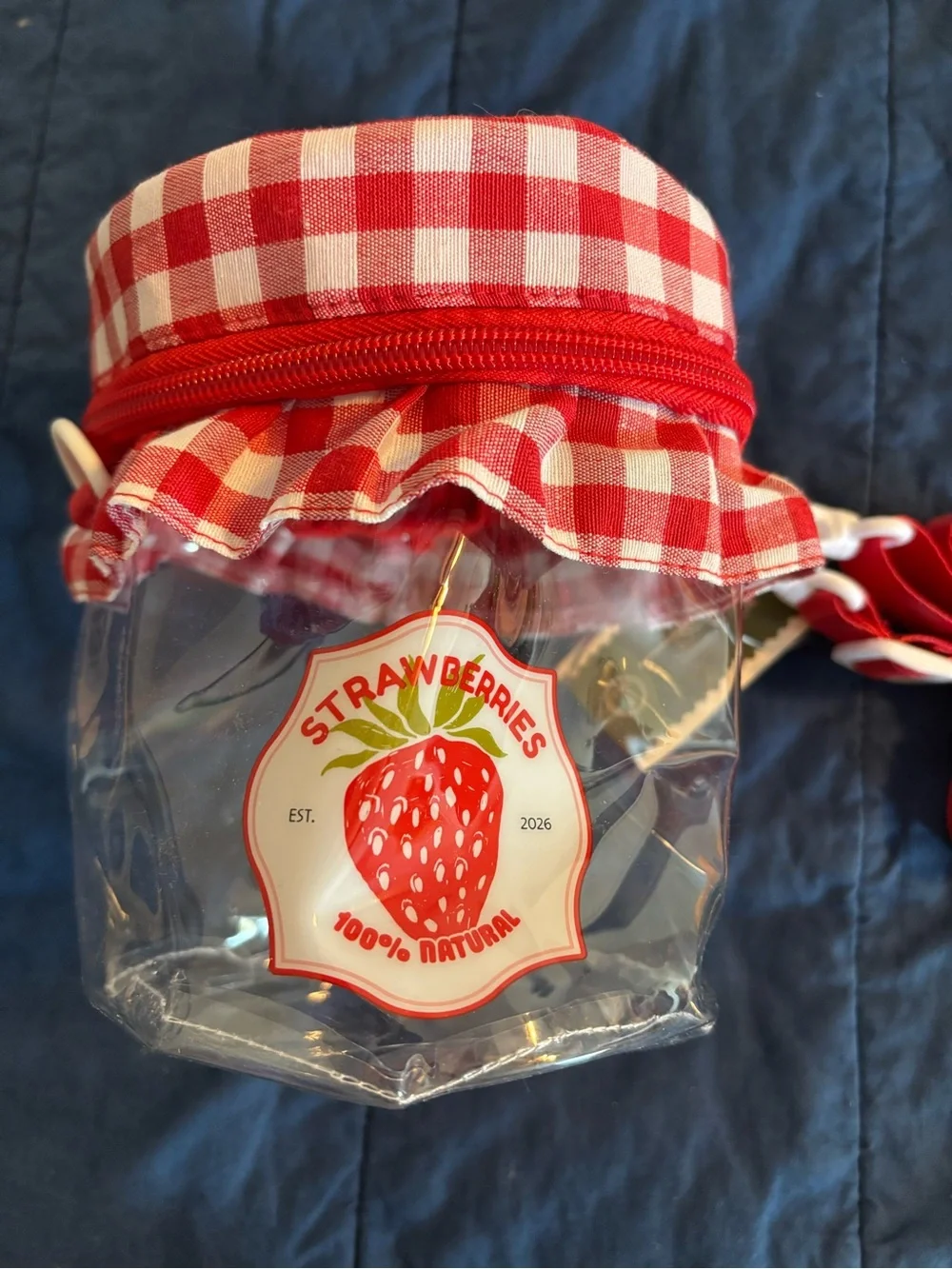 Strawberry Gingham Accessory Bag with six Strawberry themed items